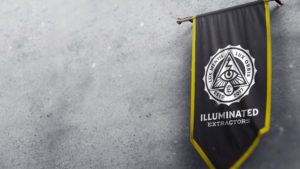 Illuminated Extractors Pendant Flag hanging from bar on cement wall